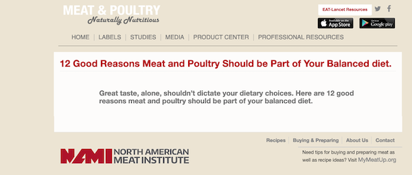 Screenshot of the website of the North American Meat Institute aka NAMI.