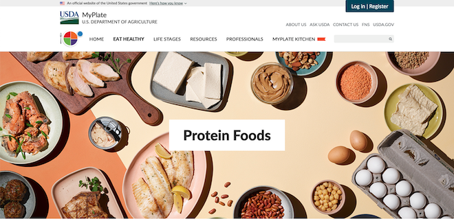 A screenshot of the USDA webpage on Protein Foods.